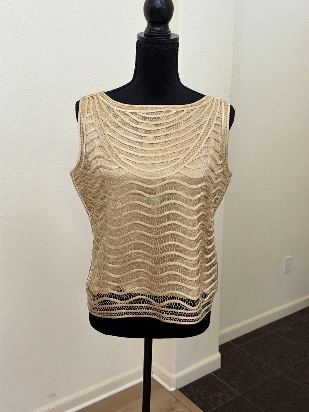 Vintage 100% Silk Sheer Openwork Lace Top Champagne M